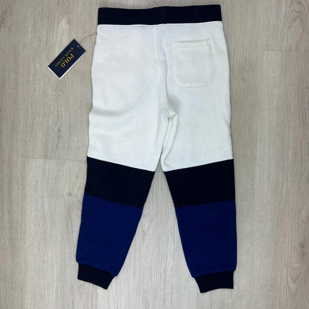 Polo Ralph Lauren Boys Color Blocked Fleece Jogger Pants Size 6 White Navy Black